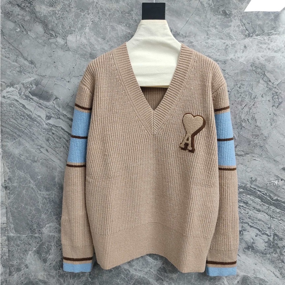 Ami Tan V-Neck Sweater with Blue and Brown Accents